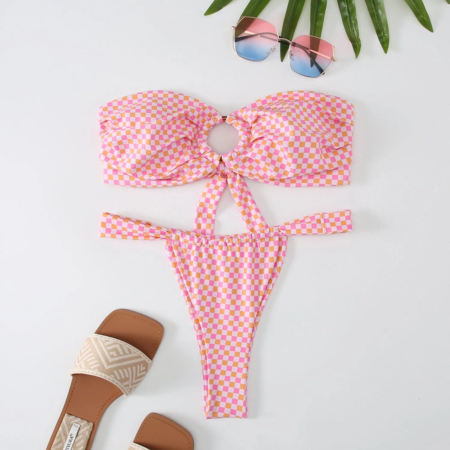Women's floral printed bikini swimsuit with tube top and backless brief design