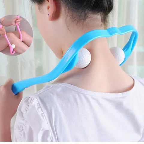 Blue plastic swan-shaped neck massager with hand roller and adjustable stand on a white background