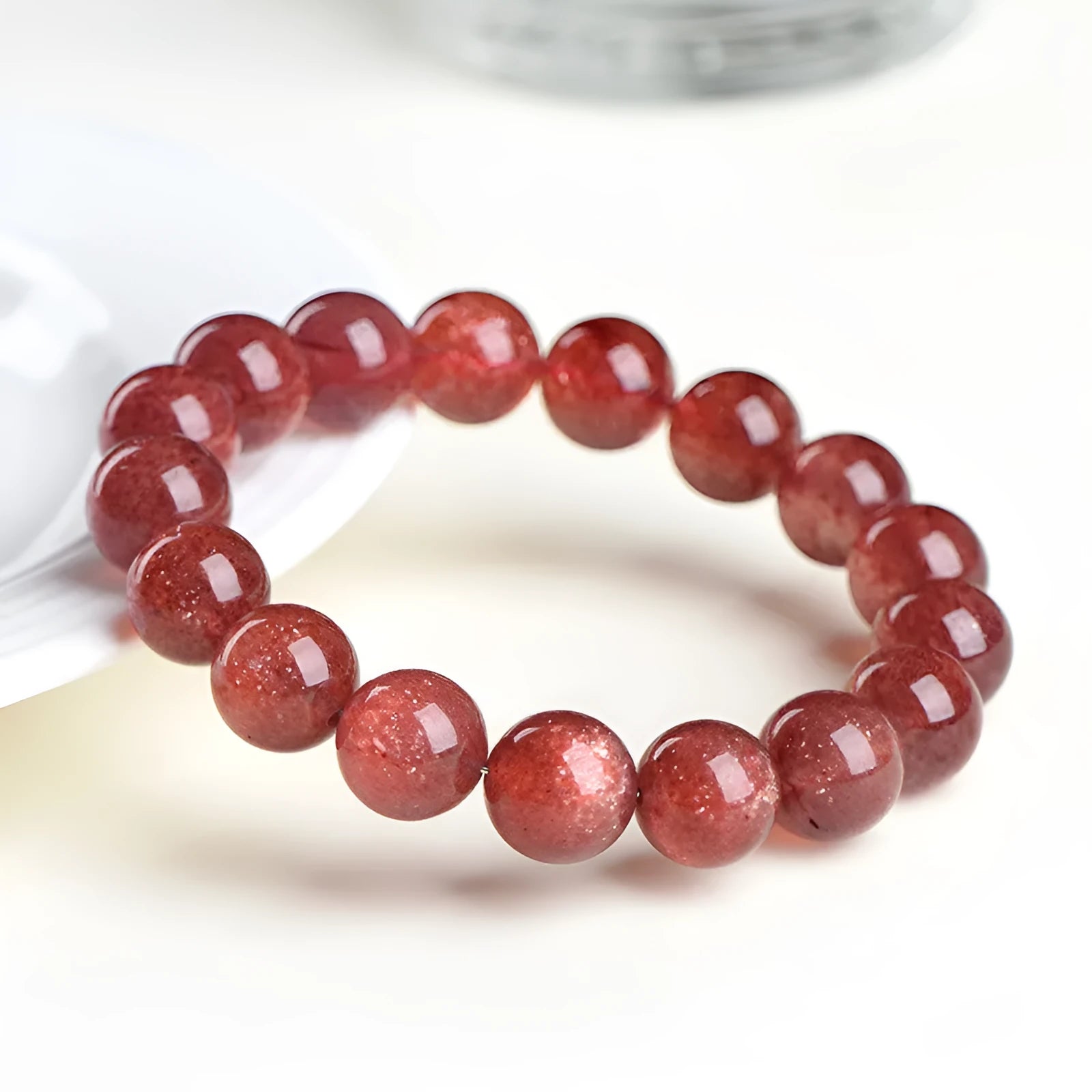 Natural strawberry quartz bracelet with geometric polished beads in cherry red colour