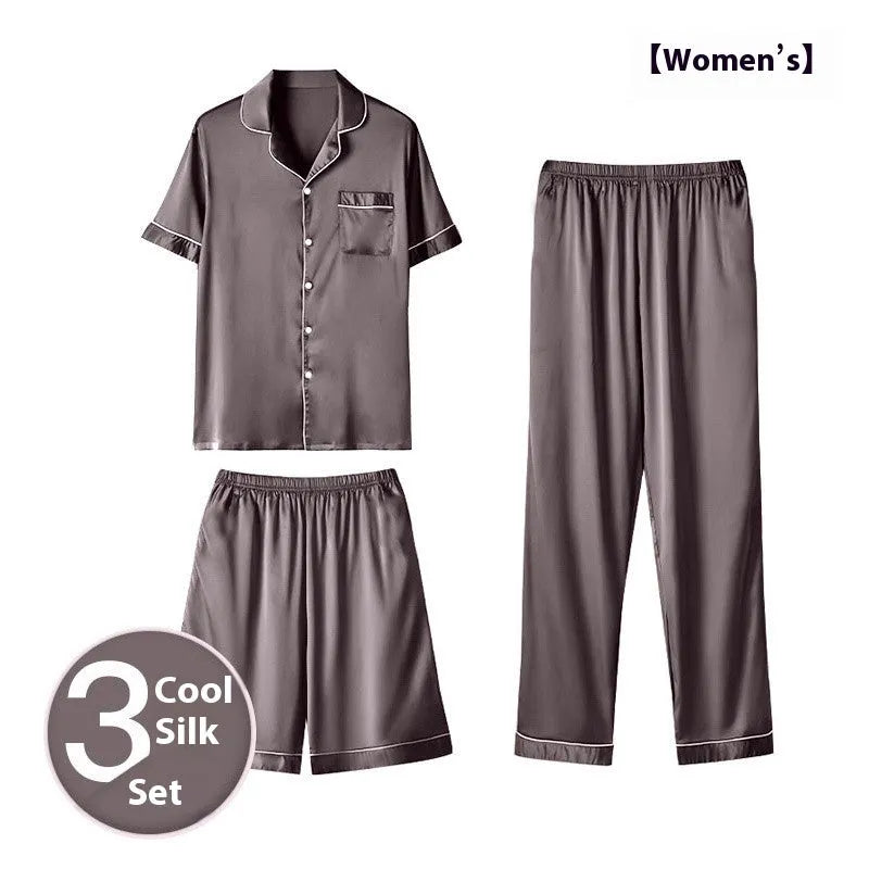 Men's ice silk three-piece homewear suit in a choice of colours including black, blue and champagne.