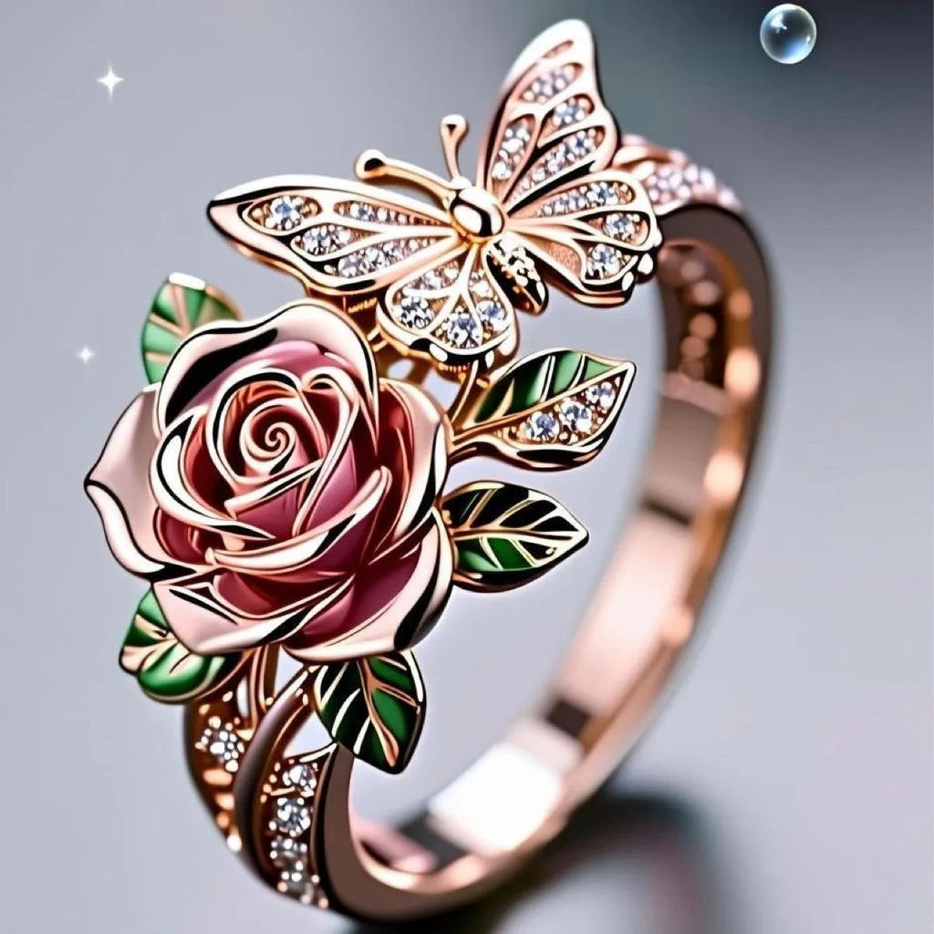 Colourful adjustable butterfly ring with floral details and a dripping oil finish.