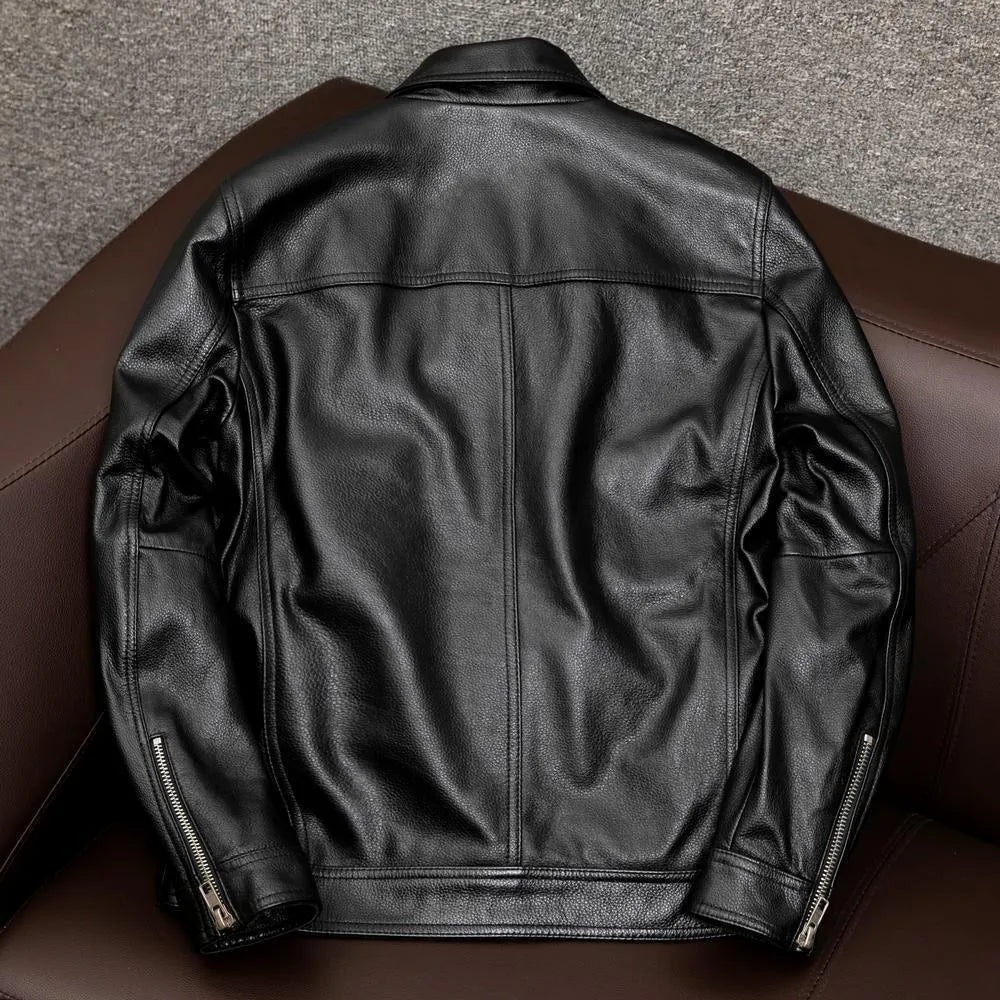 Men's black retro-style lapel short PU leather jacket with side pockets on a mannequin.