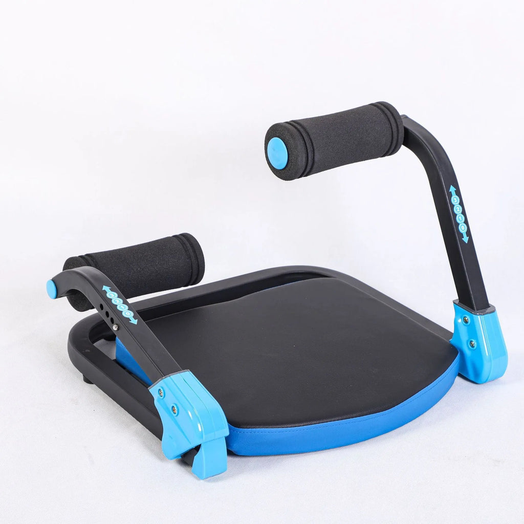 A compact red or sky blue multifunctional abdominal exercise device for home and office fitness.