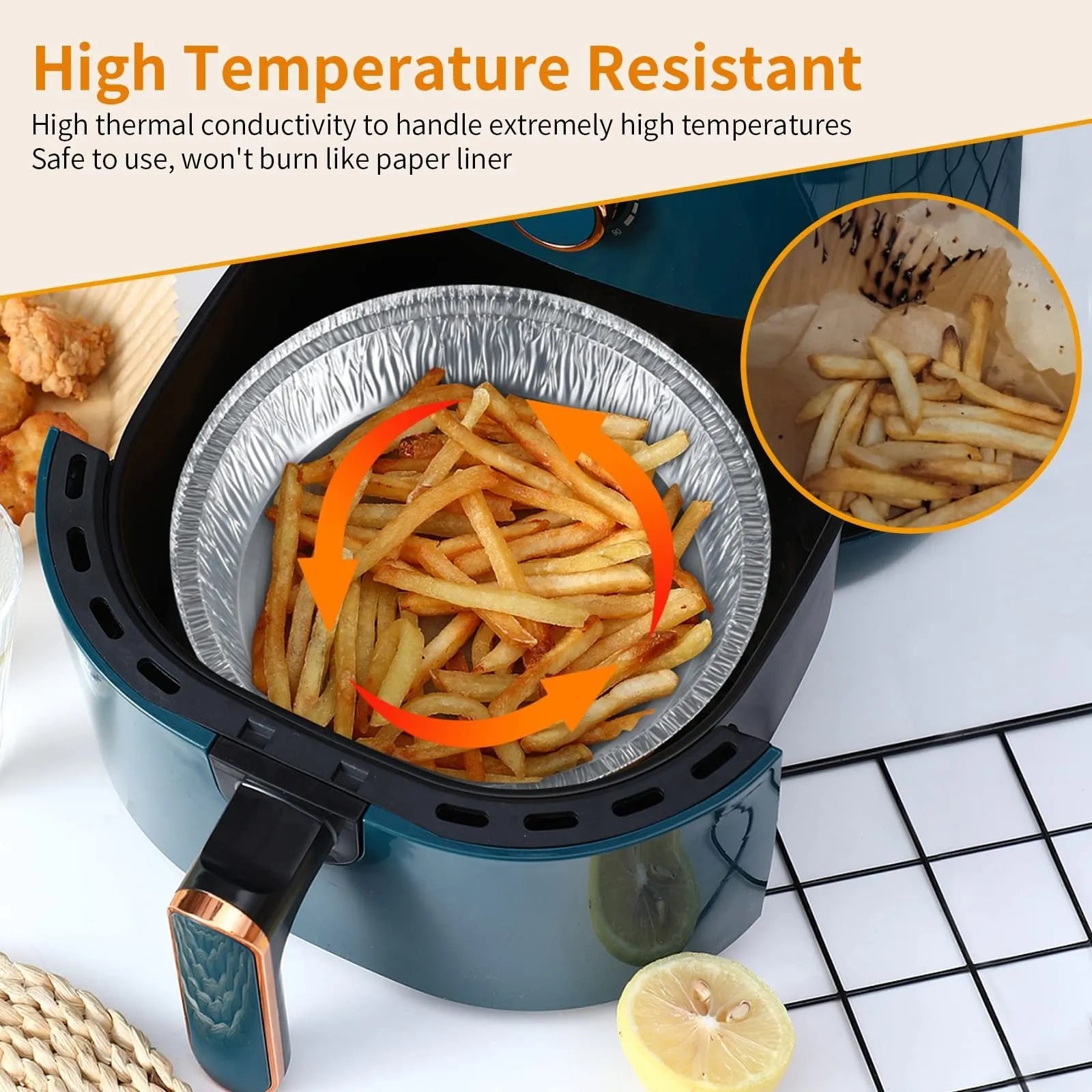 Round disposable aluminium foil liner for air fryer with 4cm high edges, 8 inch size, on a white background