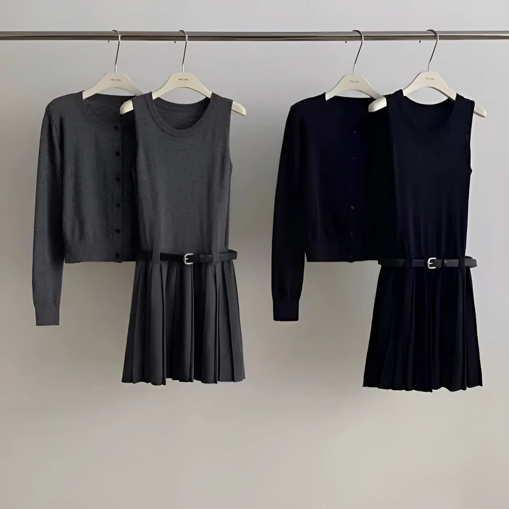 Women's grey art retro knitted vest skirt and cardigan two-piece set with 3D pattern.
