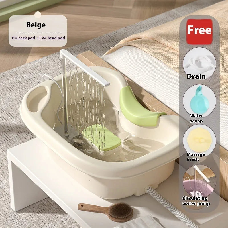 Portable shampoo basin with circulating pump and adjustable headrest in light pink or beige