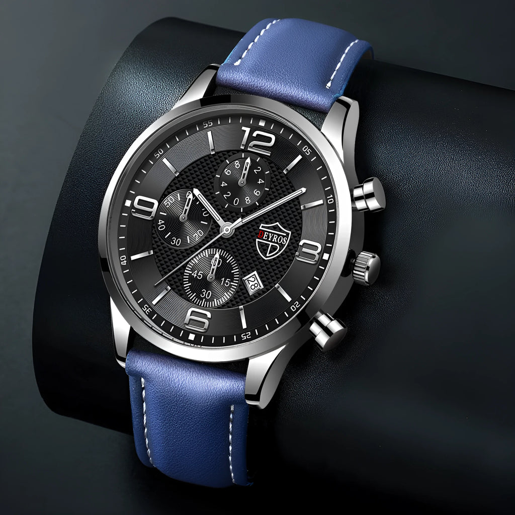 Men's calendar quartz watch with 42mm round alloy case, white dial, date window, and pin buckle on a black band