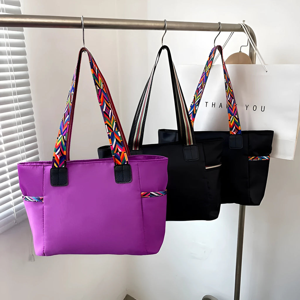 Women's Oxford cloth shoulder bag with double straps in purple colour, 34cm wide soft fabric horizontal shape