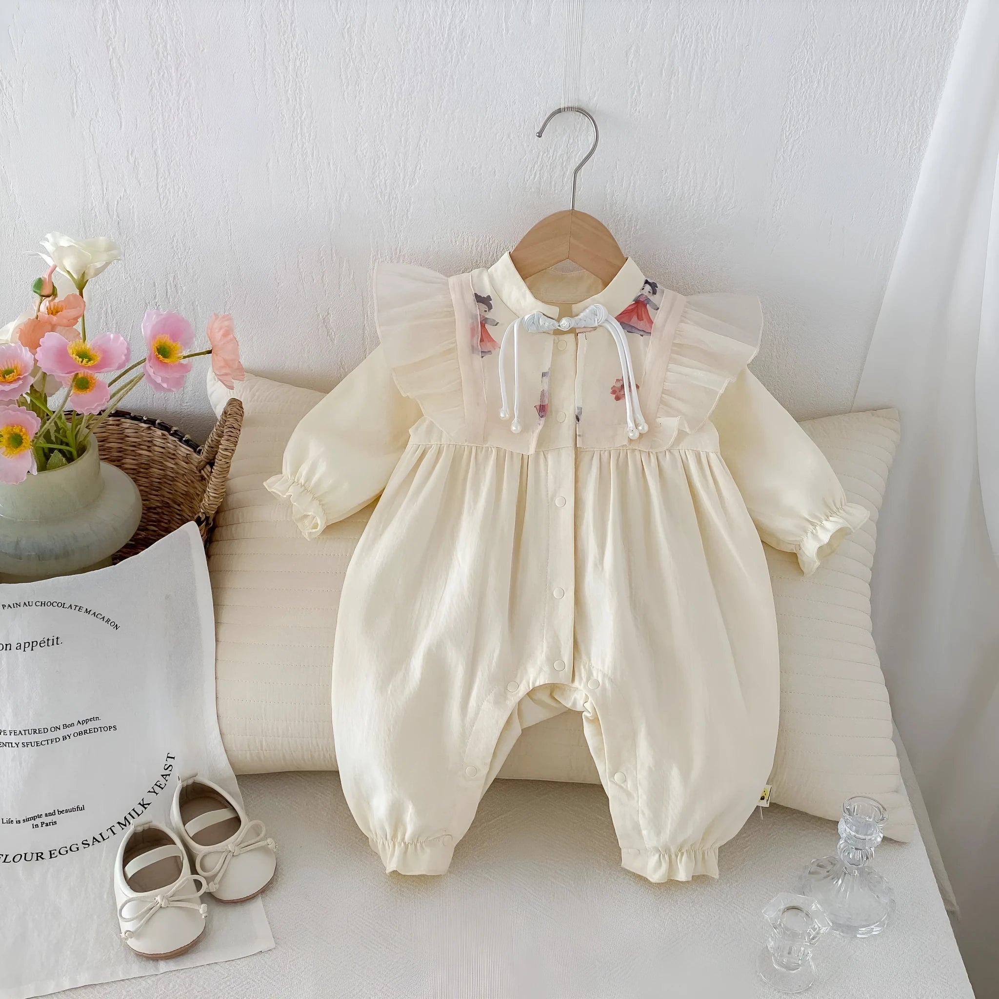 Baby cotton jumpsuit in apricot colour, long climbing style with pullover closure, suitable for heights 66cm to 100cm