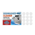 A pack of 12 white dishwasher cleaning tablets for removing grease and limescale