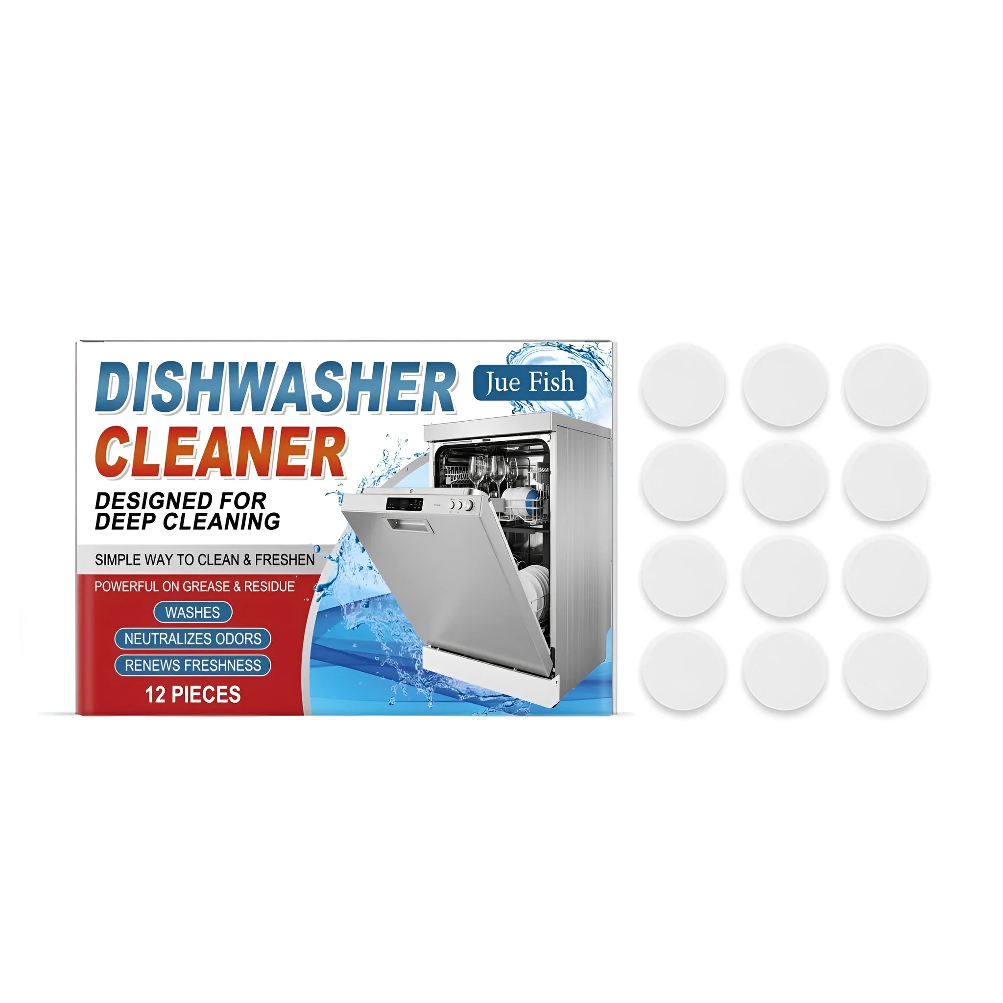 A pack of 12 white dishwasher cleaning tablets for removing grease and limescale