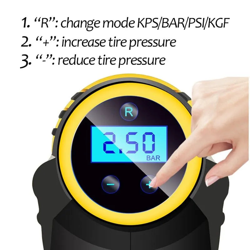 Black handheld digital LED car air compressor with 120W power and auto stop on a dark background