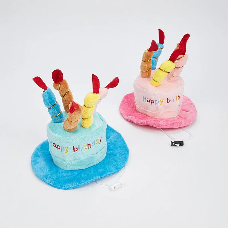 Blue dog-shaped birthday hat for small to medium dogs on a white background.