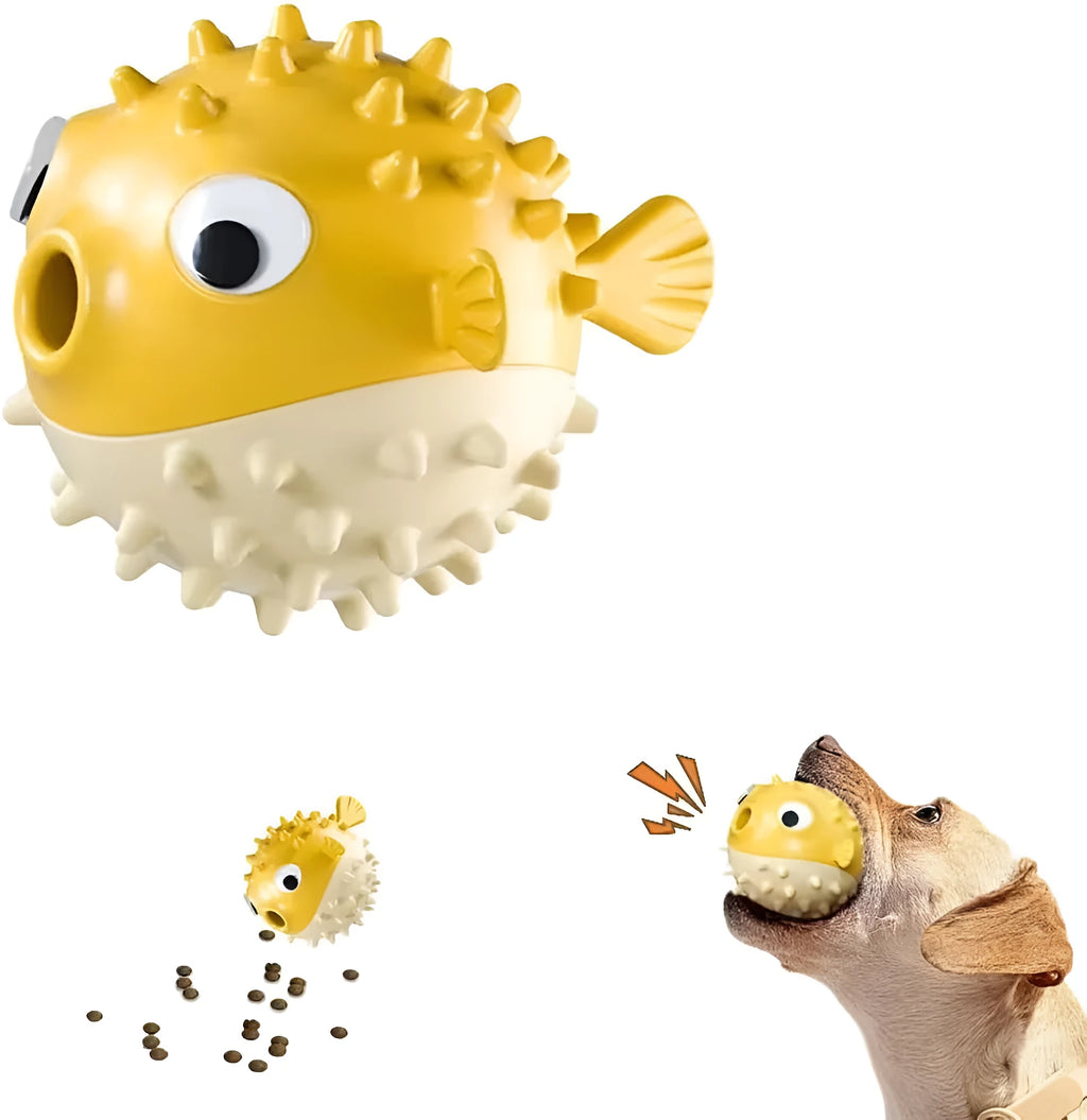 TPR fish-shaped interactive dog chew toy with treat dispensing hole and textured surface