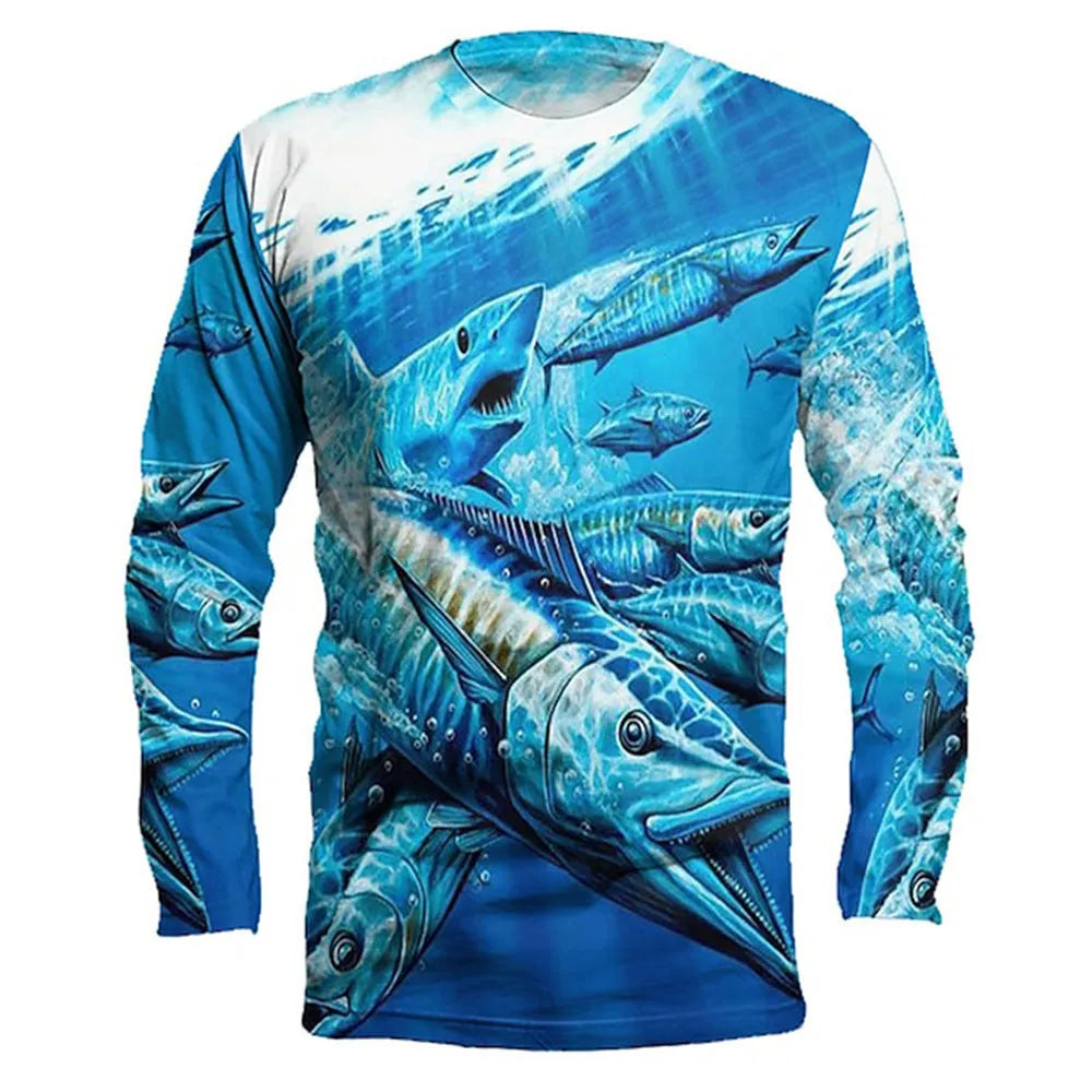 Men's fish printed long sleeve pullover top in milk silk fabric with round neck