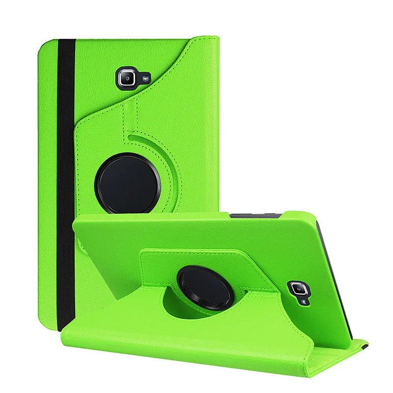 Rotating leather case for T-series tablet showing multiple viewing angles and colour options
