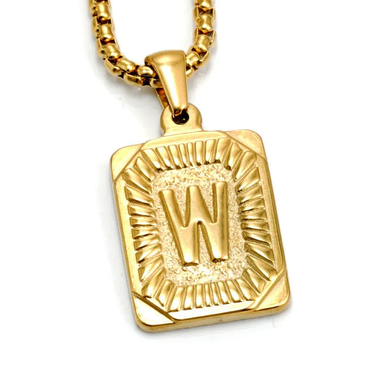 Gold-plated 18K titanium steel letter pendant necklace with pearl chain, gold colour, unisex design