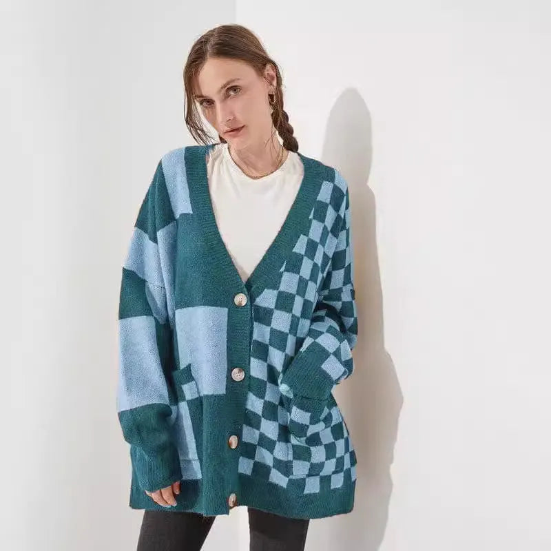 Women's loose slim fit printed checks knitwear cardigan in polyester spandex fabric