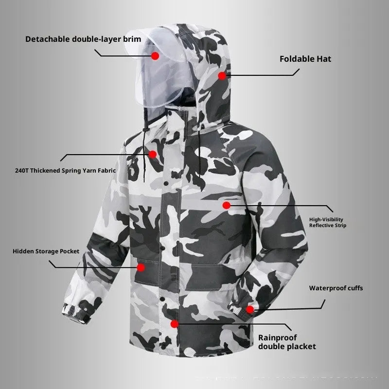Gray camouflage raincoat and rain trousers suit for men, two-piece set with PVC waterproof coating, on white background.