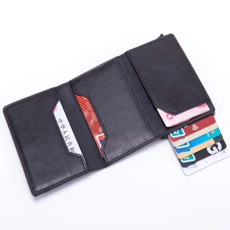Smart PU wallet in carbon black with RFID blocking, 6.5 by 10 by 1.8 centimetres