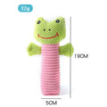 Three dog squeaky chew toys showing calf, frog, and puppy shapes, 19cm long soft plush construction