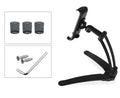 Silver aluminium desktop tablet stand with adjustable angle and folding clamp holding a tablet.