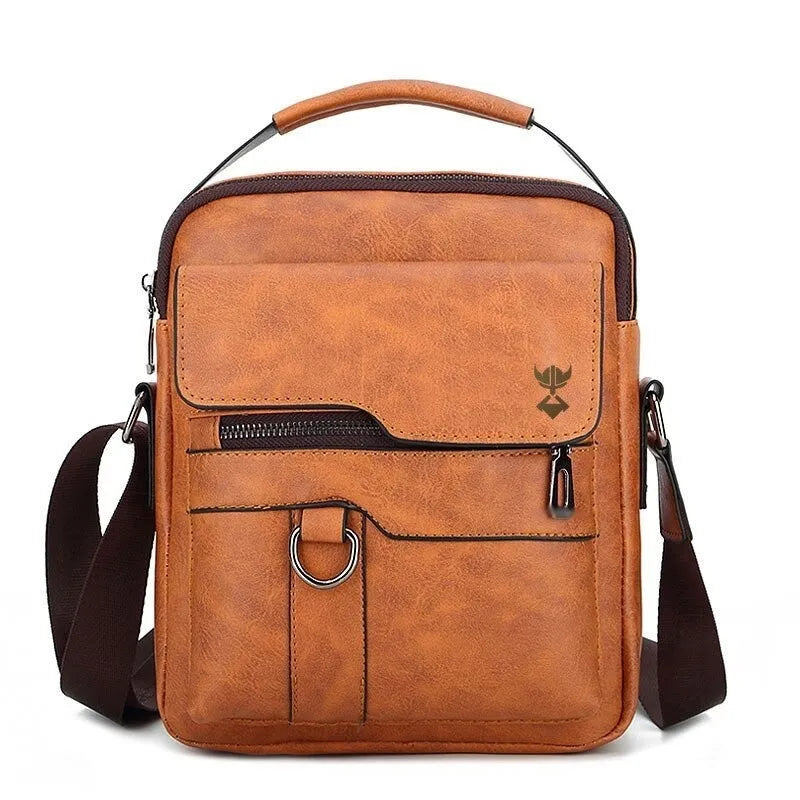 Khaki PU leather men's shoulder bag showing front with zipper closure and adjustable strap