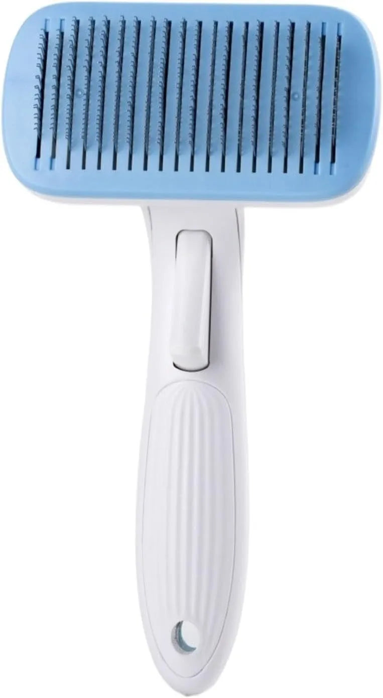Automatic pet grooming comb for dogs and cats on a blue background.