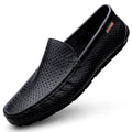 Men's casual soft leather shoes in black with visible sewing thread detail, two-layer cowhide upper, rubber sole, Korean style