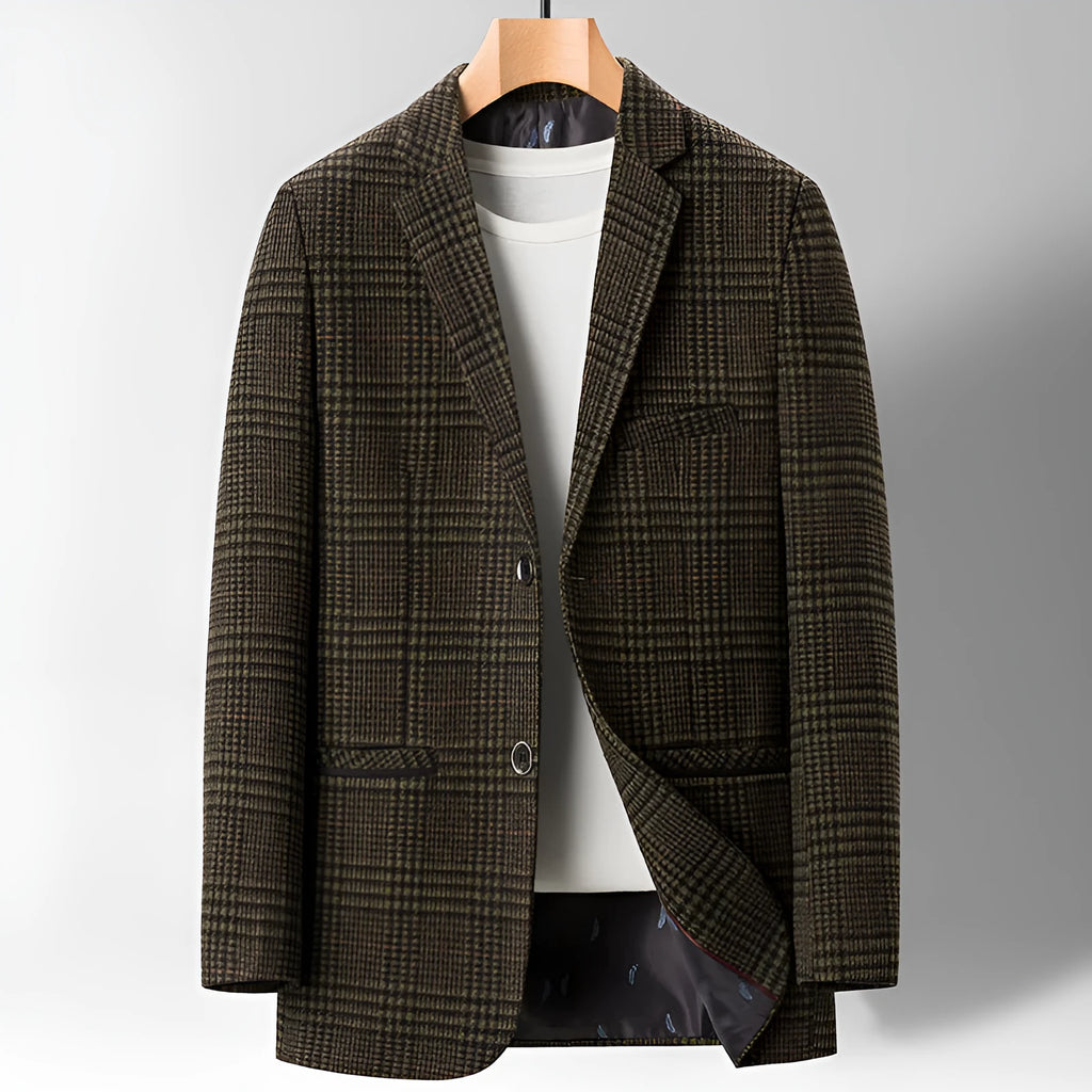 Men's plaid casual suit jacket in khaki colour, light business style made from polyester fibre