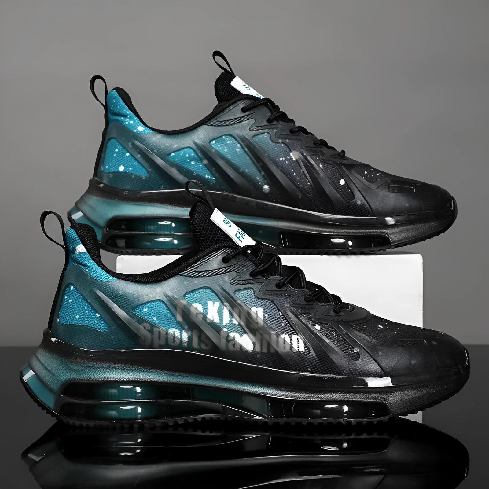 Men's black and green heightened platform sneakers with mesh upper and round toe on a rubber sole.