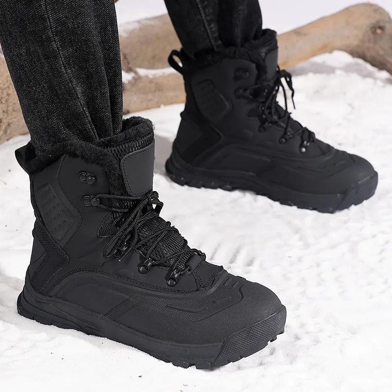 Men's black high-top winter boots with fleece lining and lace-up front, showing ribbed sole.