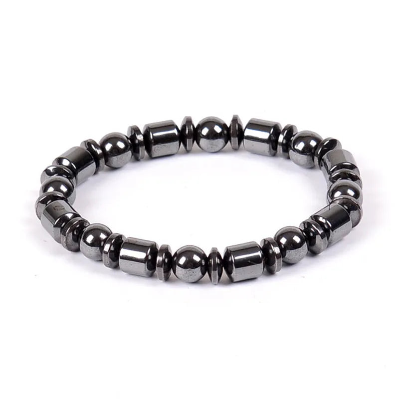 Black pentagram pattern magnetic therapy bracelet with magnetite and hematite stones on a stretch band.