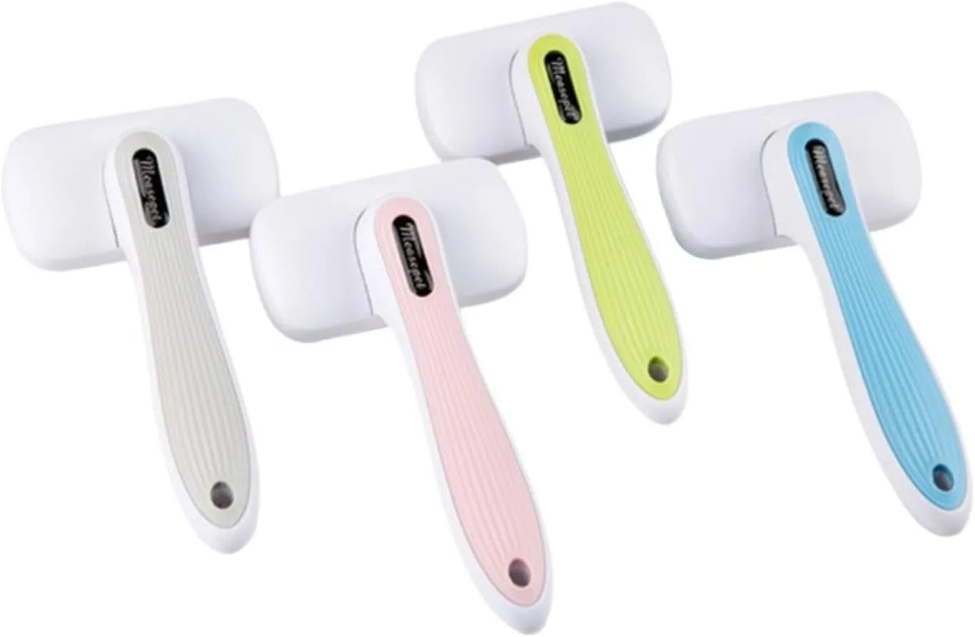 Automatic pet grooming comb for dogs and cats on a blue background.