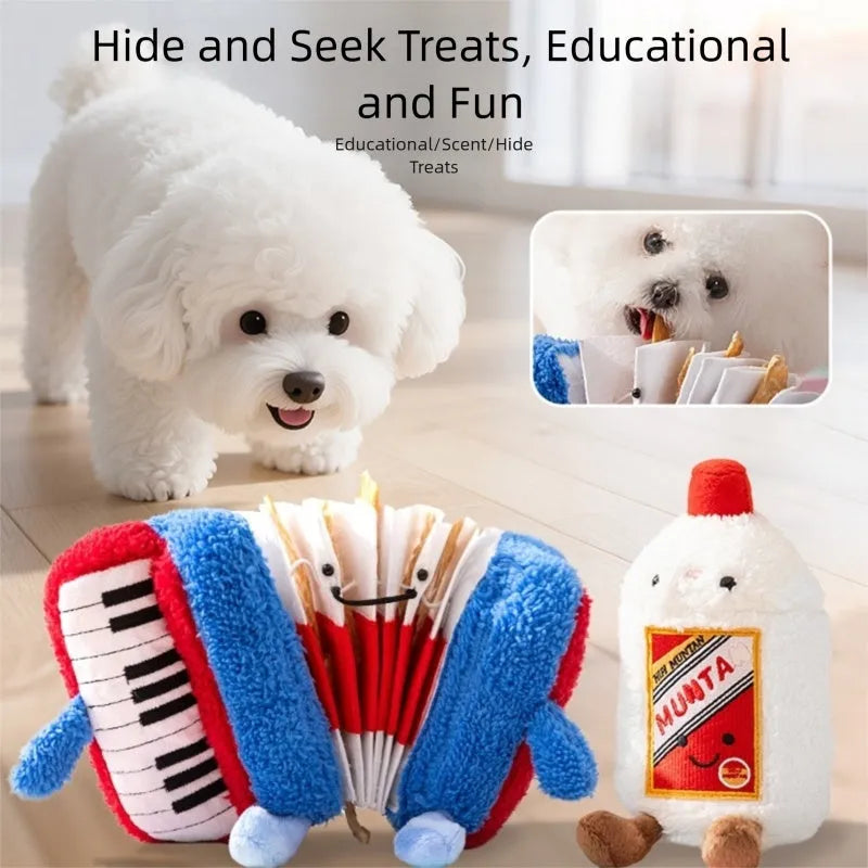 Accordion-shaped dog squeak toy in blue and white for interactive play and stress relief