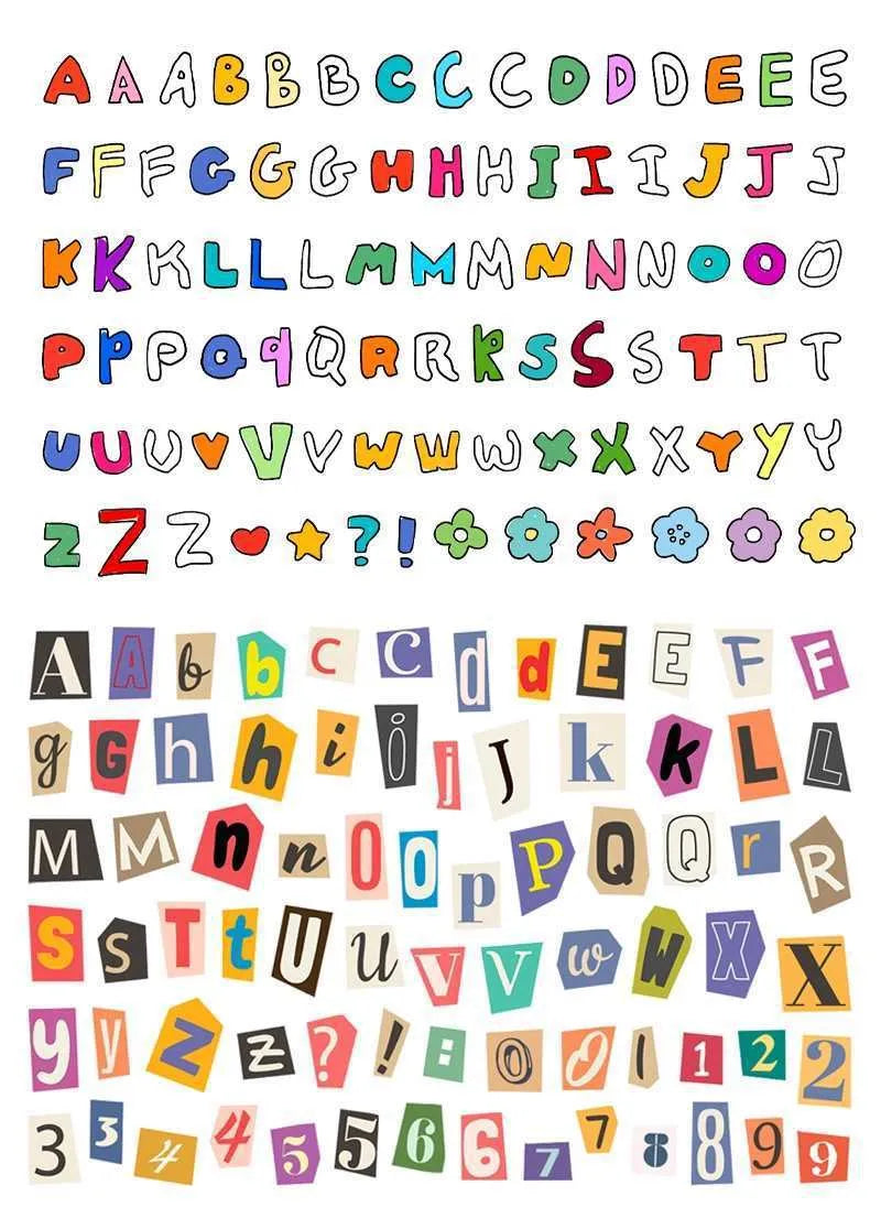 Set of printed cute-style stickers showing English letters A, B, C, D, E, numbers, symbols, and weekly words on a sheet.