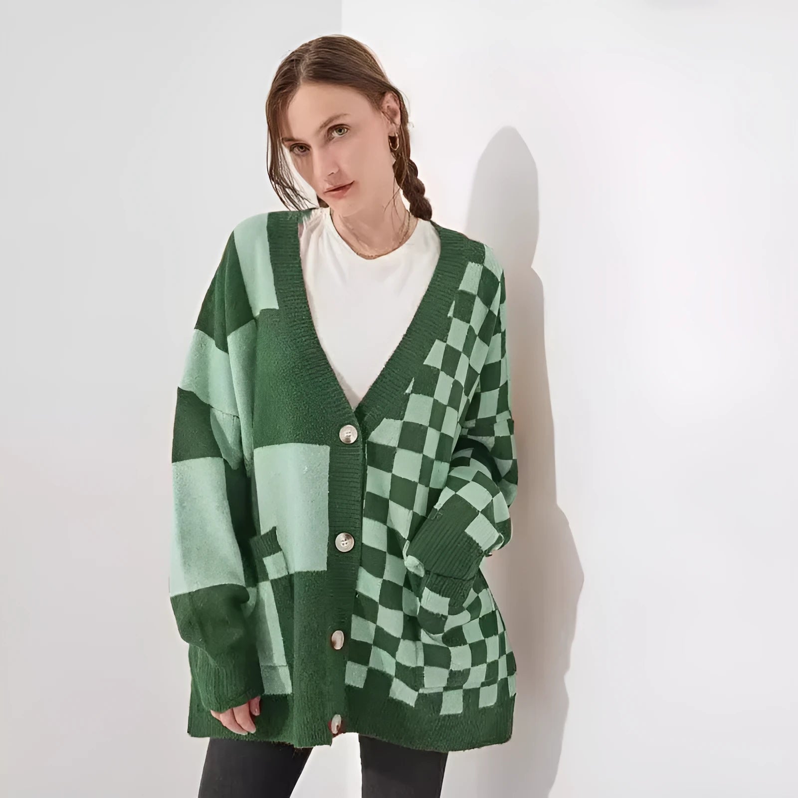 Women's loose slim fit printed checks knitwear cardigan in polyester spandex fabric