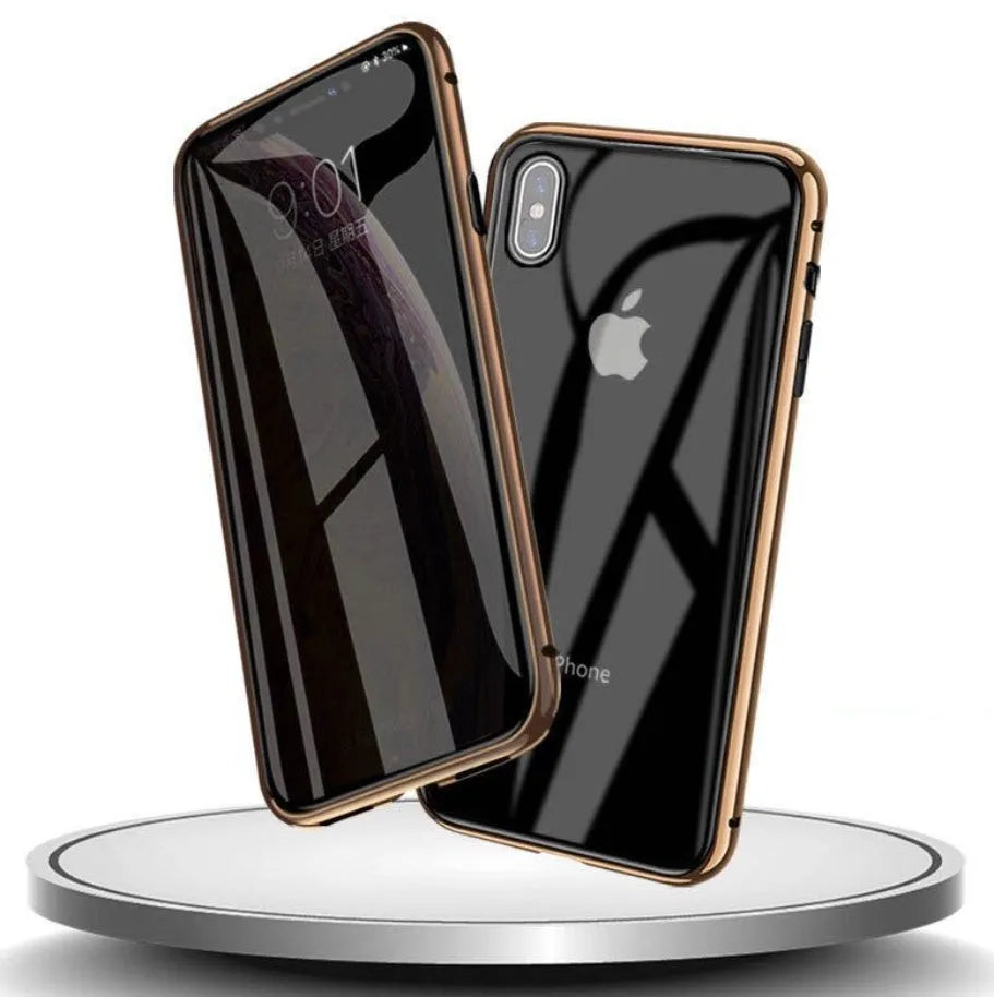 Glass clamshell anti-spy phone case in black, silver, red, gold, green, or blue for iPhone models.
