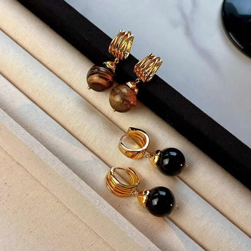 Gold plated tigereye geometric earrings for women in brown and black colours