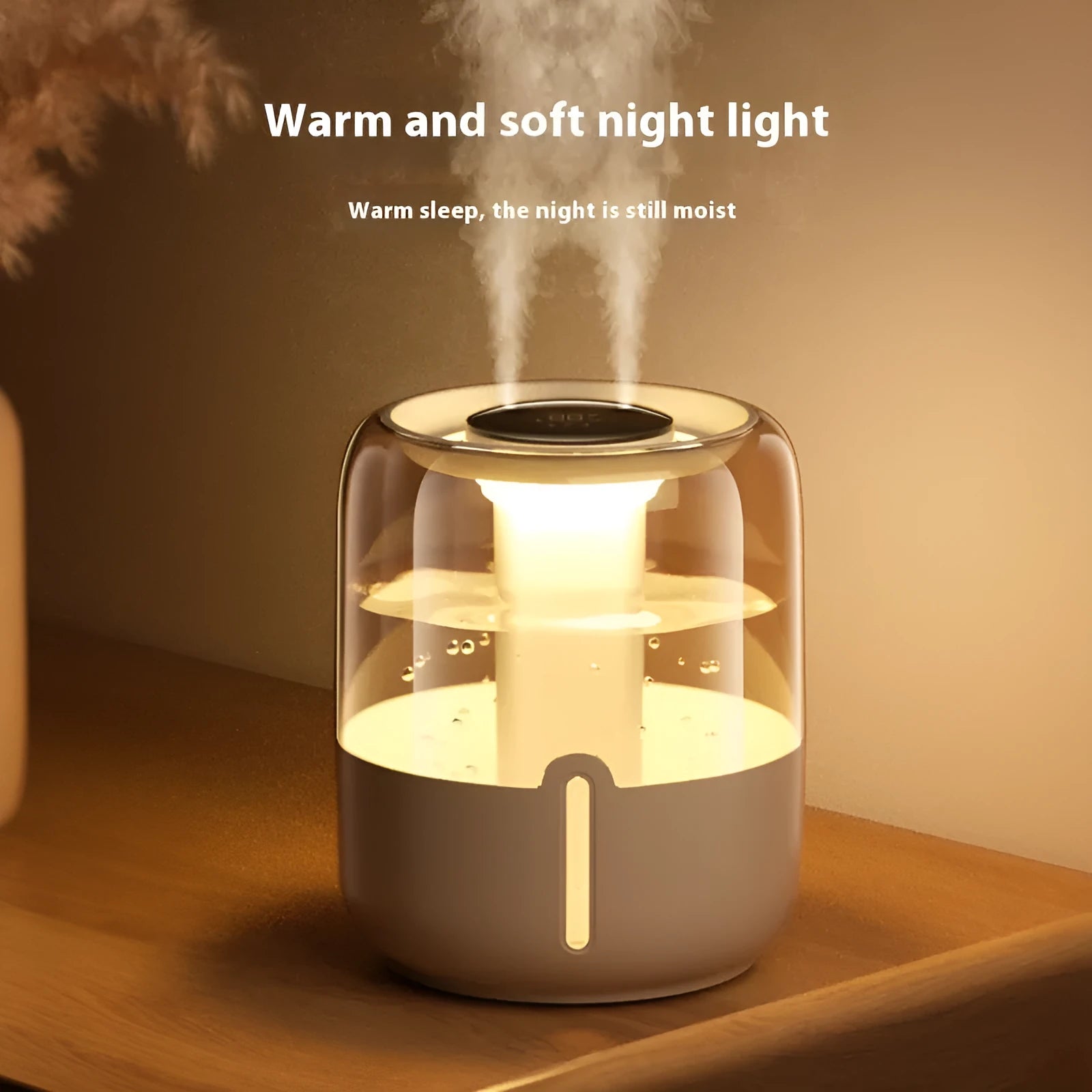 Beige plastic USB humidifier with display, dual mist nozzles, and large 3.2L water tank.
