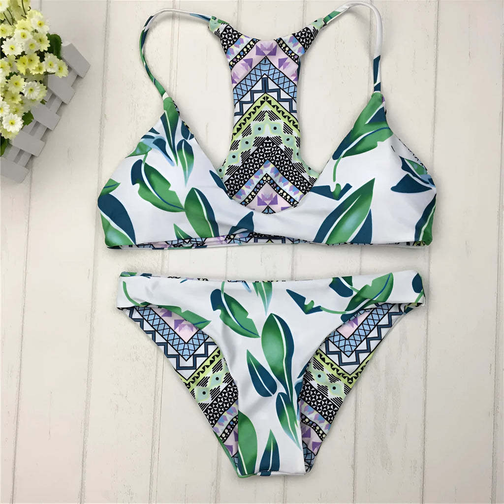 Green double-sided printed Brazilian bikini set with halter neck for women