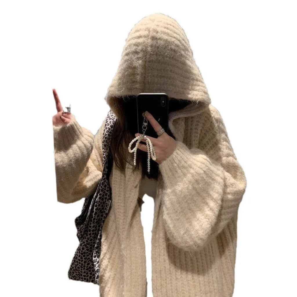 Women's dark grey loose-fit hooded cardigan sweater on a hanger