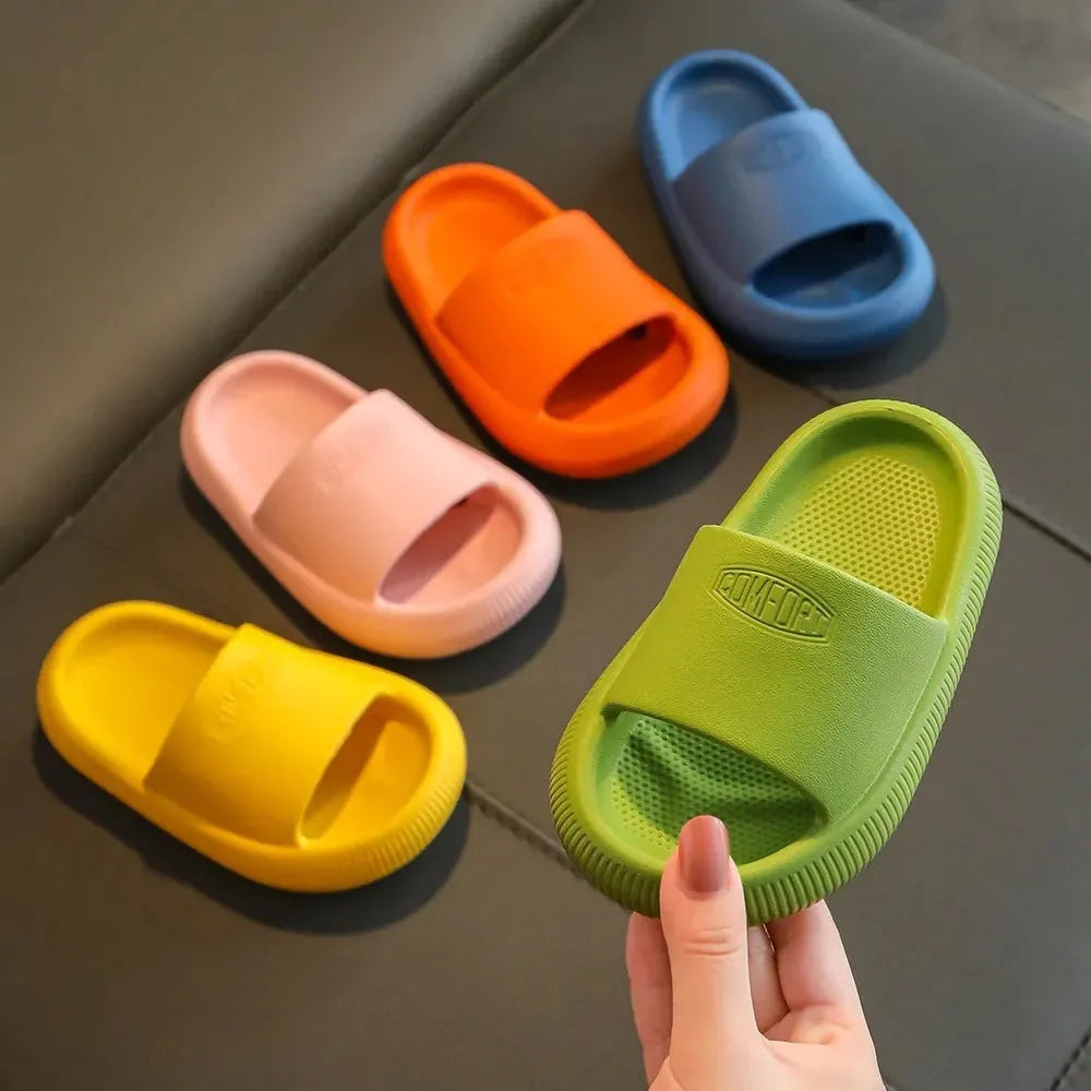 Mixed colour children's EVA slippers with a non-slip sole, shown in sizes for kids.