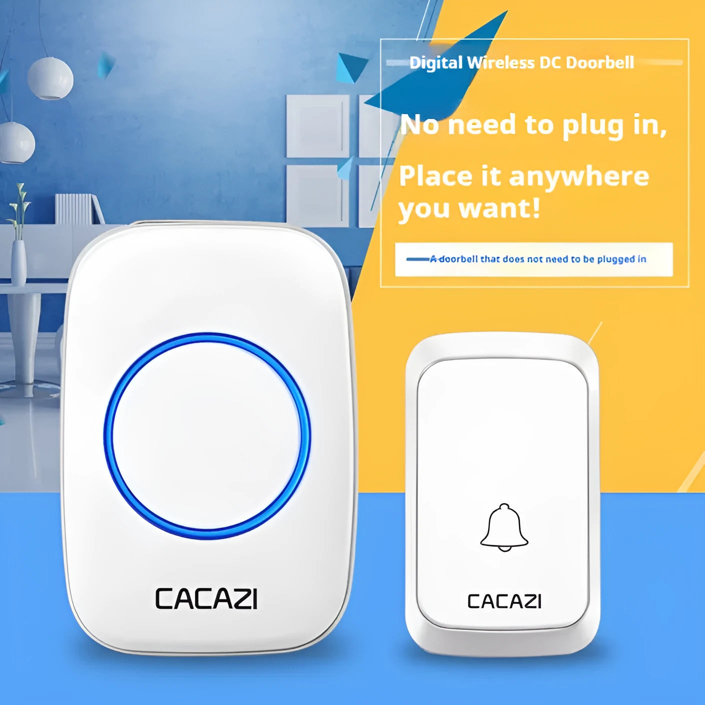 Wireless battery-powered DC doorbell with black transmitter and receiver for outdoor use 300 metre range