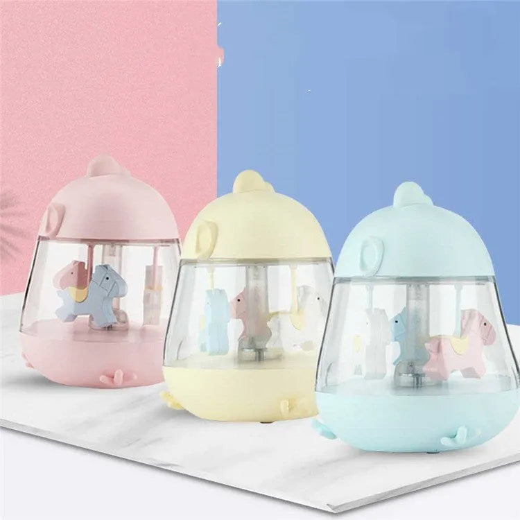 USB carousel music light with rotating Trojan, touch controls, warm yellow and colourful gradient light, in blue pink and yellow options
