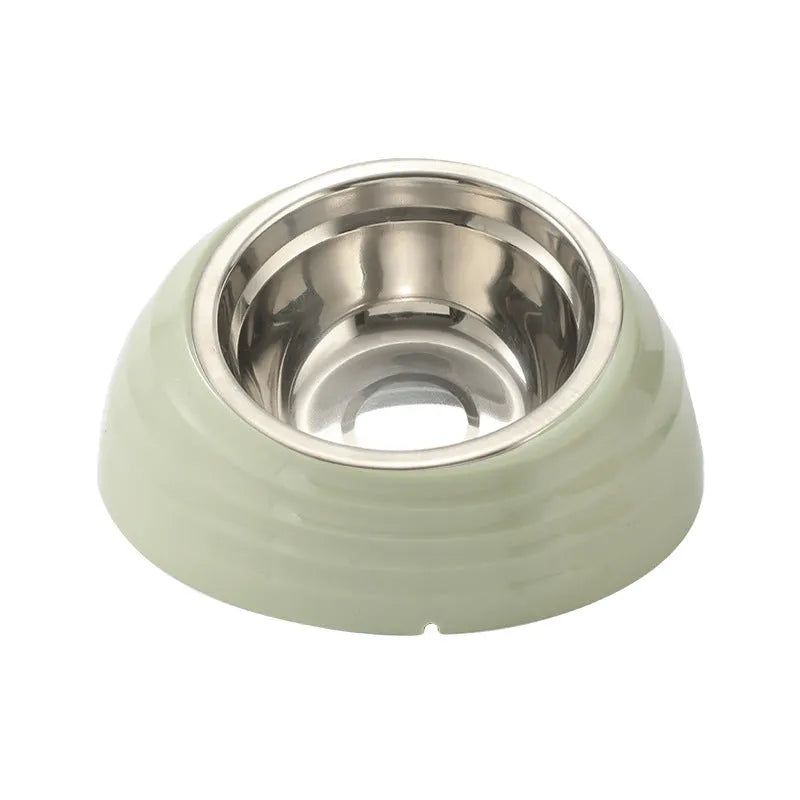 Stainless steel cat bowl in a beige plastic base