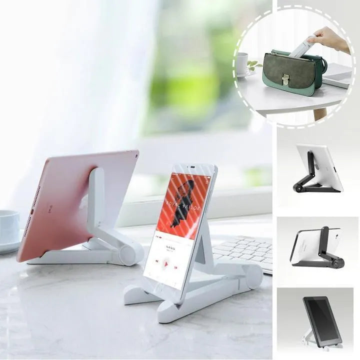 Foldable tablet holder shown in black with smartphone mounted in landscape orientation