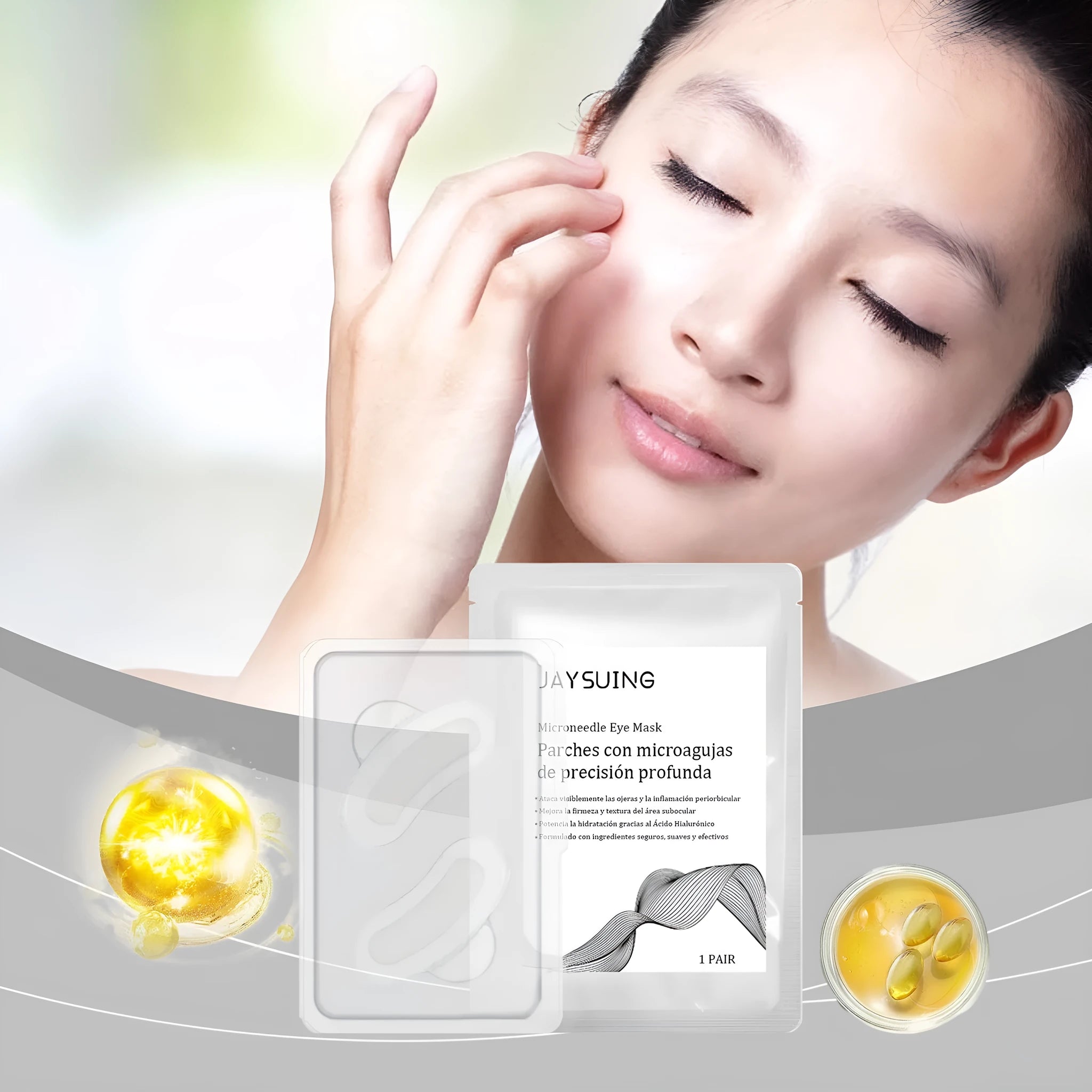 Single pair of micro needle eye mask patches for under-eye skincare application.