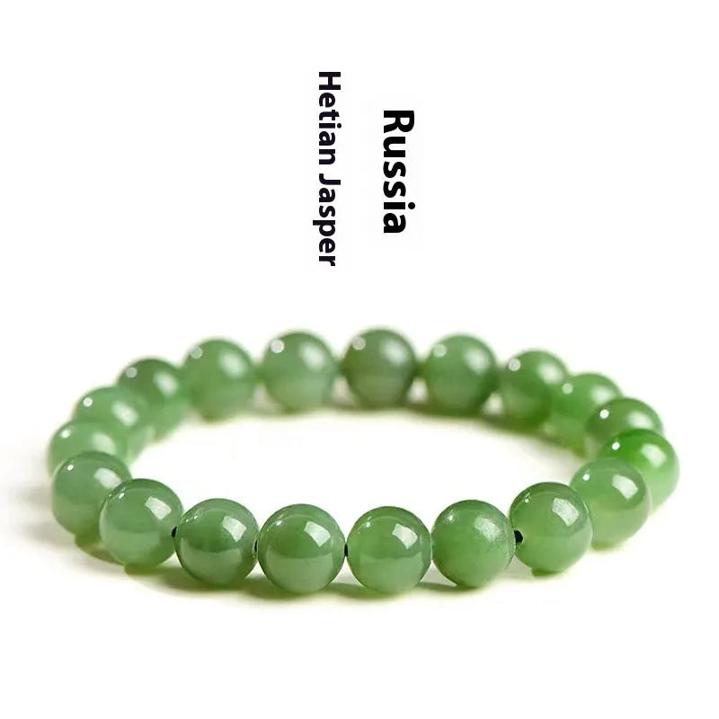 Natural Jasper and Hetian jade bead bracelet showing polished stone beads in one of five available sizes.