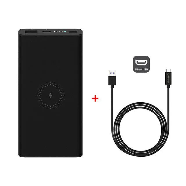 Black and white 10000mAh capacity power bank with wireless charging and fast charge support.